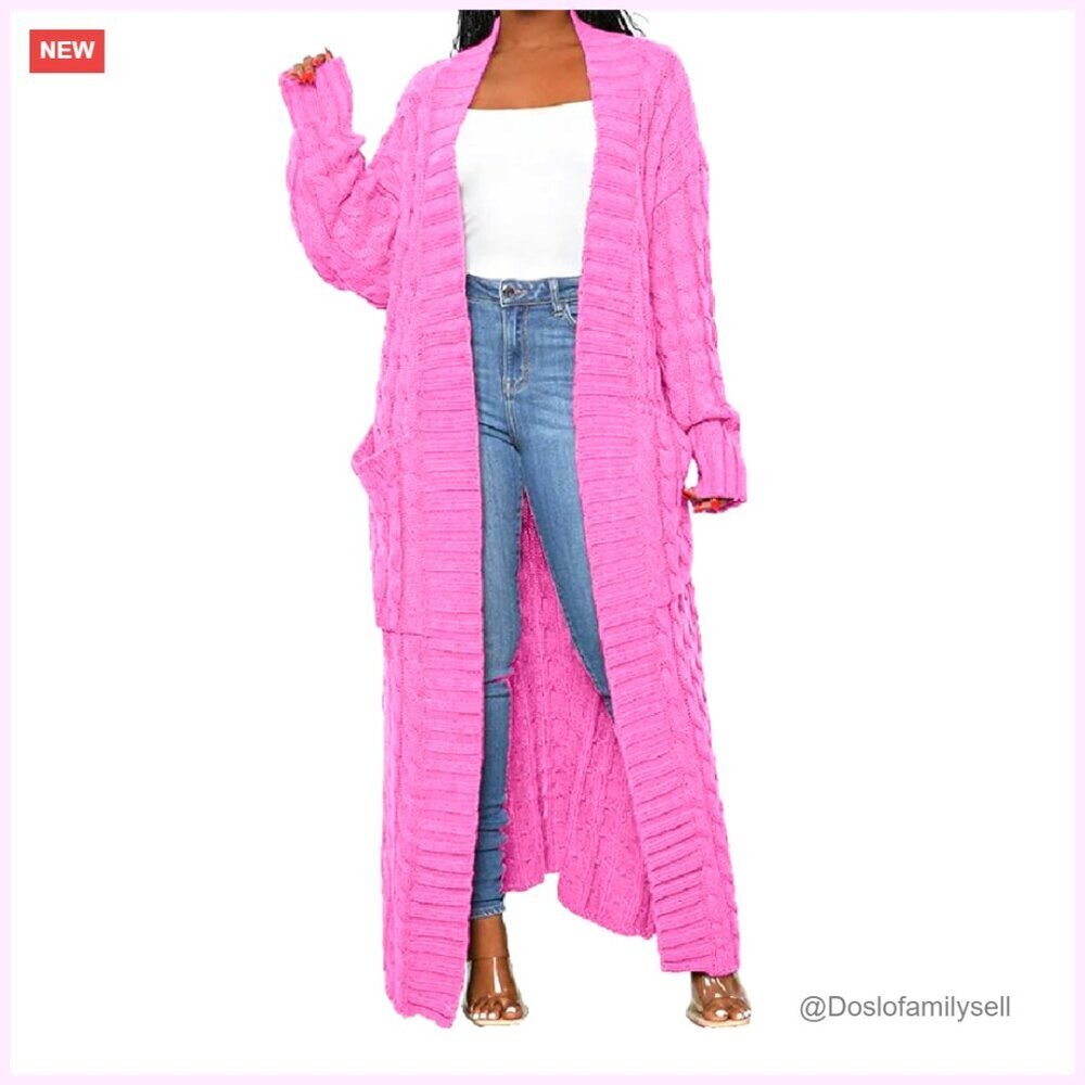 Extra Long Cable Knit Cardigan with Pockets, Thin Polyester Sweater